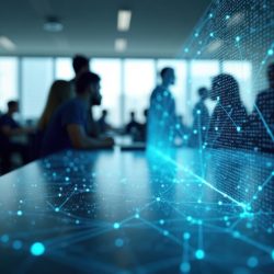 Modern office interior showing people working. Network connections overlayed on table top. Digital transformation and business, communication network concept. Generative AI tech displayed.